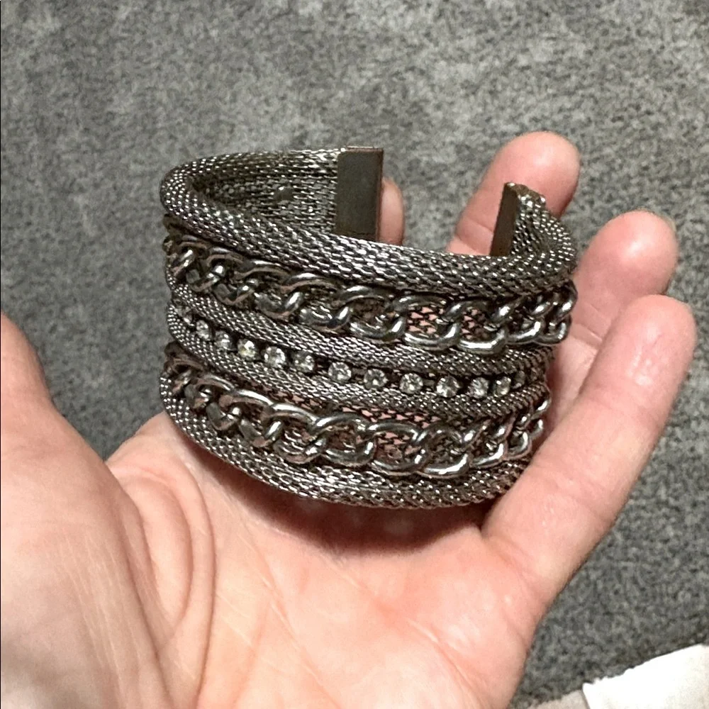 VINTAGE QUALITY METAL MESH CHAIN RHINESTONE FLEXIBLE ADJUSTABLE CUFF BRACELET